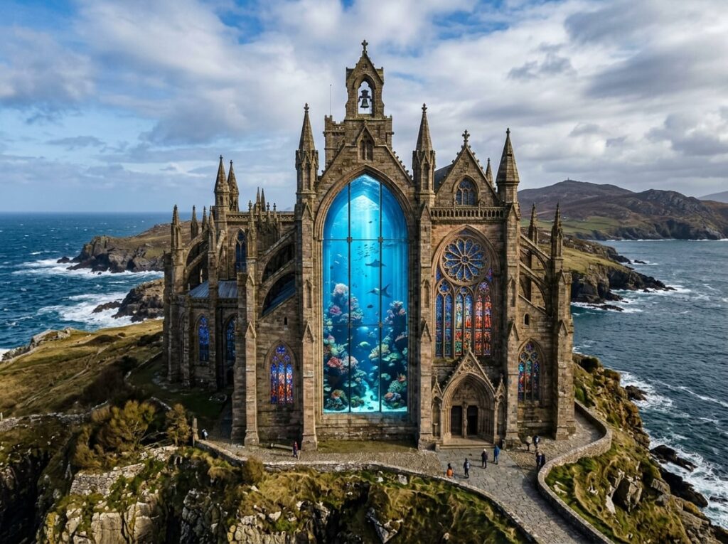 Exterior of a Gothic abbey on a rocky island with large stained-glass windows and a central glass aquarium filled with coral.