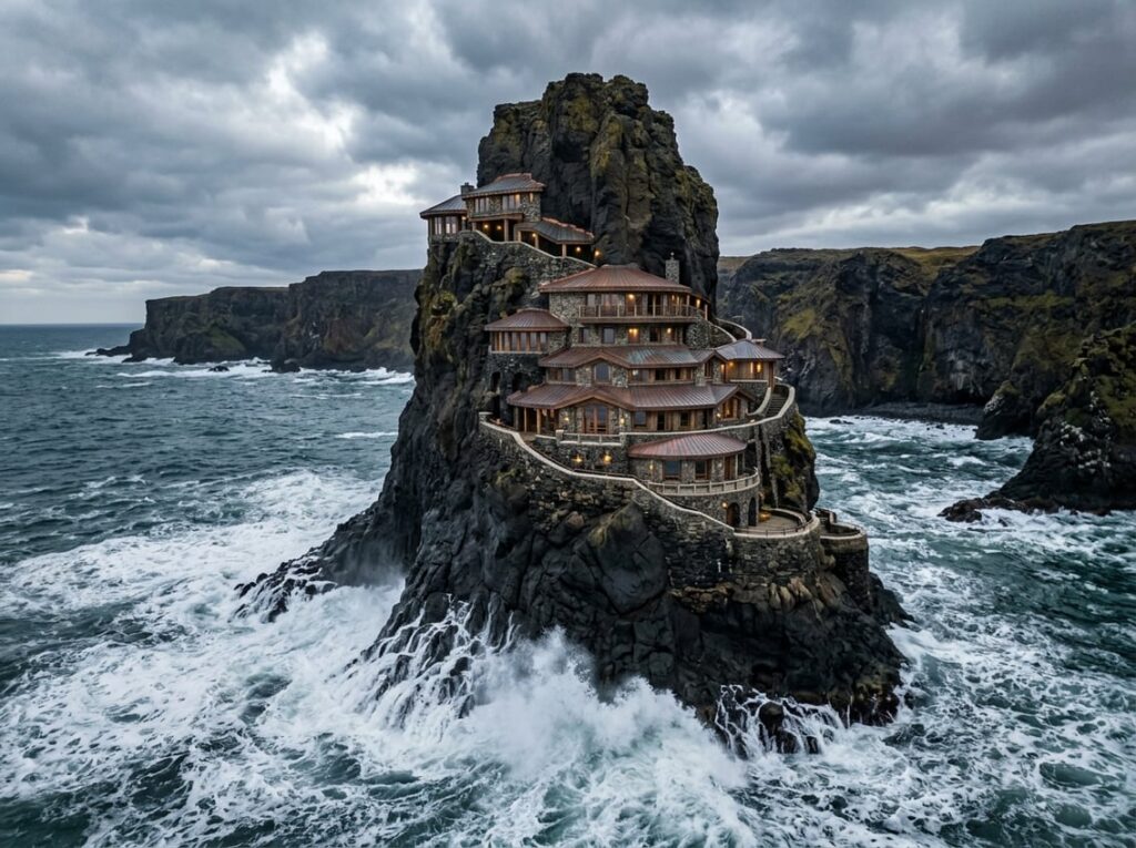 A cliffside hotel with copper roofs spiraling around a tall black basalt sea stack above crashing ocean waves.