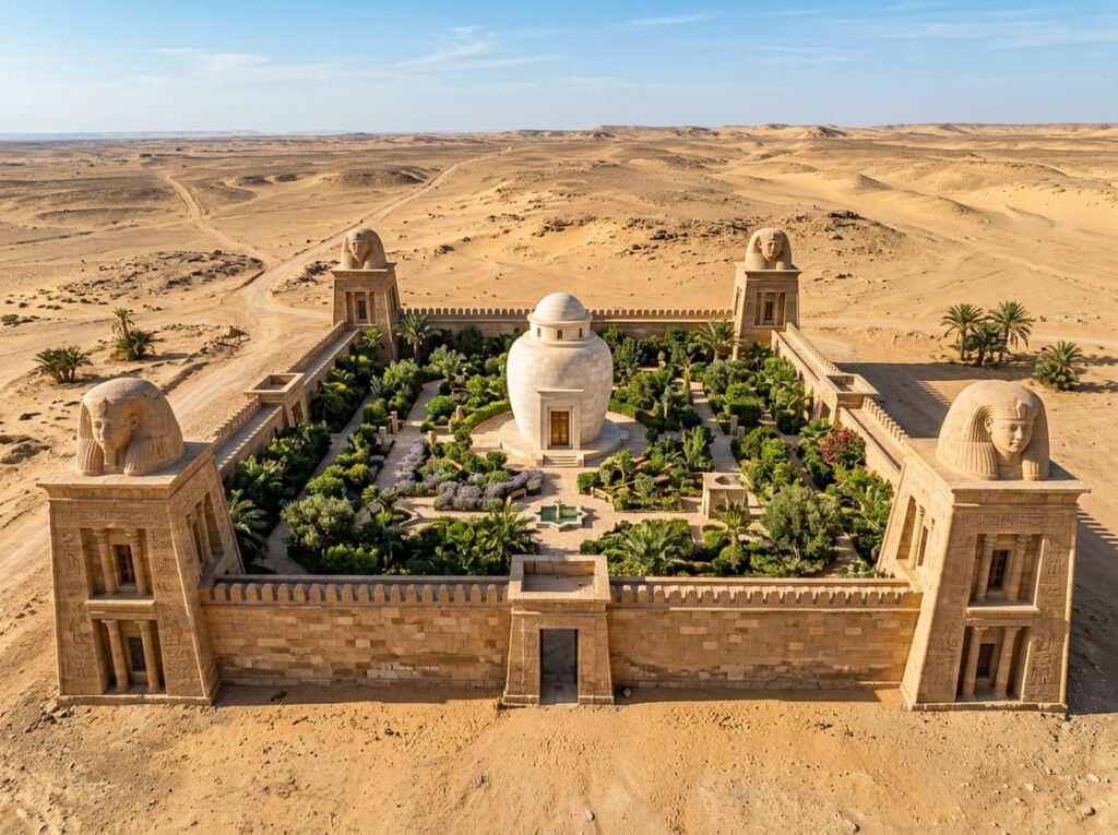 A walled botanical hotel with four tower pavilions inspired by canopic jars, surrounded by fragrant medicinal gardens and a central pavilion shaped like a sealed alabaster vessel, set beyond a desert edge.