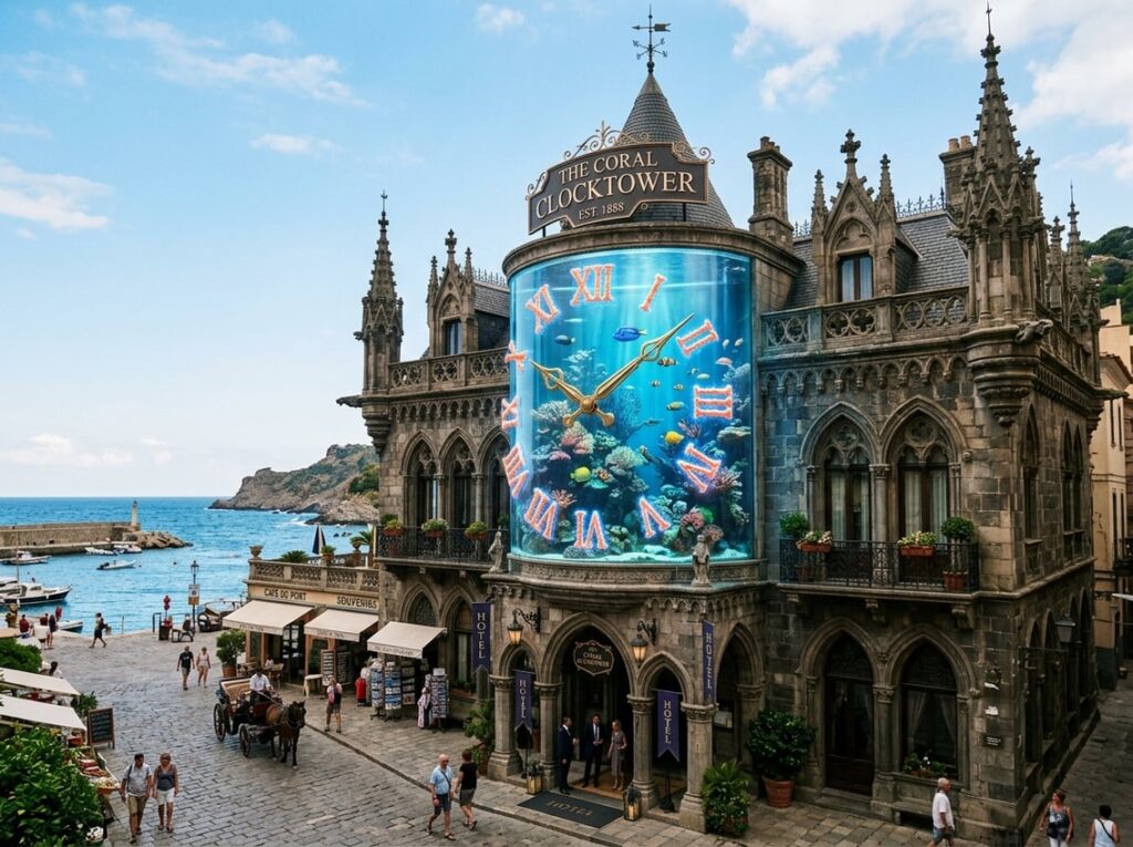 Exterior of a tall gothic-style hotel with a large cylindrical aquarium clock filled with coral and fish, located in a cobbled coastal square.