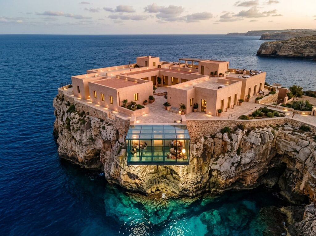 A sand-pink limestone hotel with low geometric courtyards on a rocky sea stack above deep blue ocean water, featuring glowing roof terraces and a glass tea room suspended over clear water showing underwater roots.