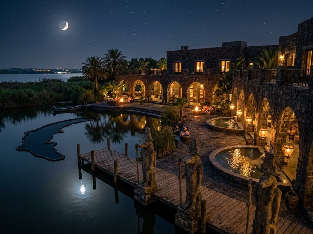 Riverside hotel with dark stone arches and moonlit courtyards beside a crocodile-shaped lagoon, lined with carved crocodile statues and crescent pools illuminated by hanging lamps.