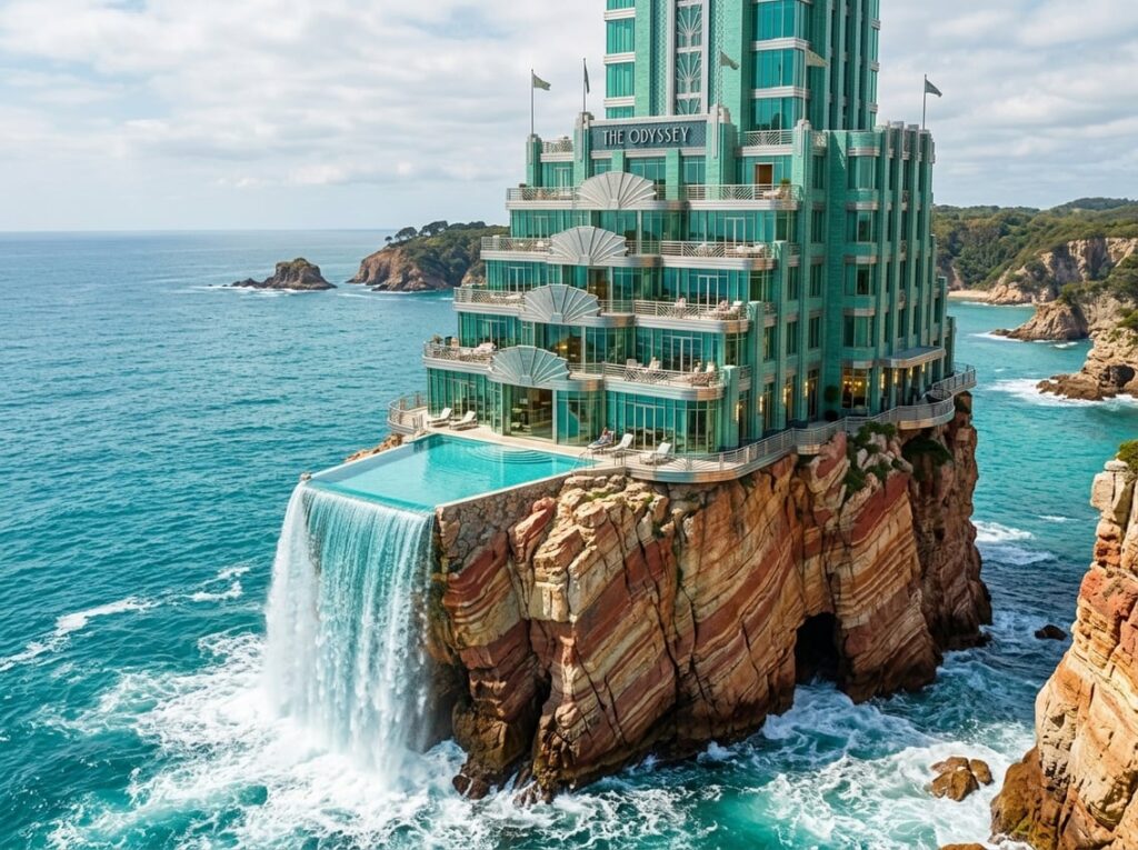 A sea-green glass and polished nickel hotel rising from a striped jasper rock formation by a warm sea, with fan-shaped balconies leading to a cliff-edge pool overlooking foaming water below.