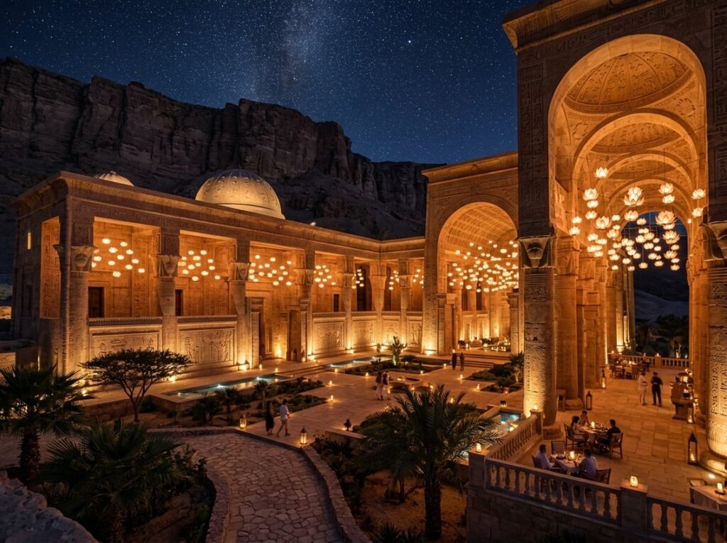 Night exterior of a boutique hotel with sandstone architecture and vaulted ceilings, lit by many floating lotus-shaped lanterns beside a dark desert escarpment.