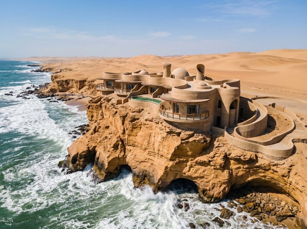 A sand-colored hotel on a rocky sea stack beside coastal dunes with ocean waves breaking around the cliff.