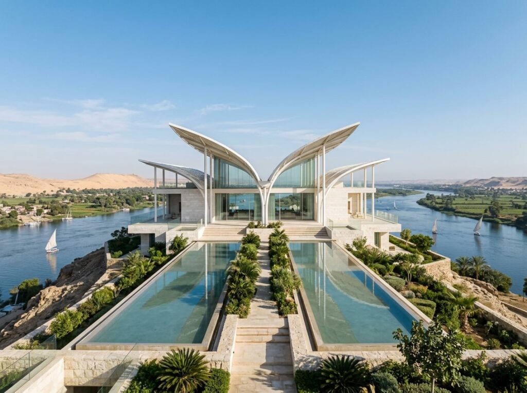 A white-stone retreat with feather-shaped roofs sits on a narrow ridge above the Nile River, surrounded by reflecting pools and greenery.