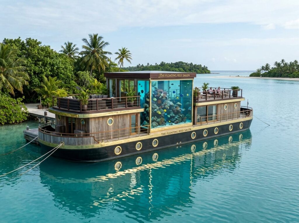 A boutique barge hotel moored in a calm lagoon with brass portholes and a large transparent aquarium rising from deck to ceiling filled with coral and fish.