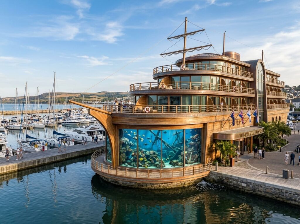 A harborfront hotel designed like a sailing ship with teak decks, rope railings, and a large shipwreck aquarium visible inside.