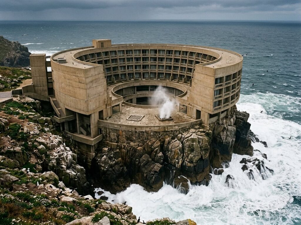 A circular sand-colored concrete hotel built around the edge of a large granite sea stack on a rocky Atlantic coast, featuring an inward-facing courtyard with stone grates venting sea spray.