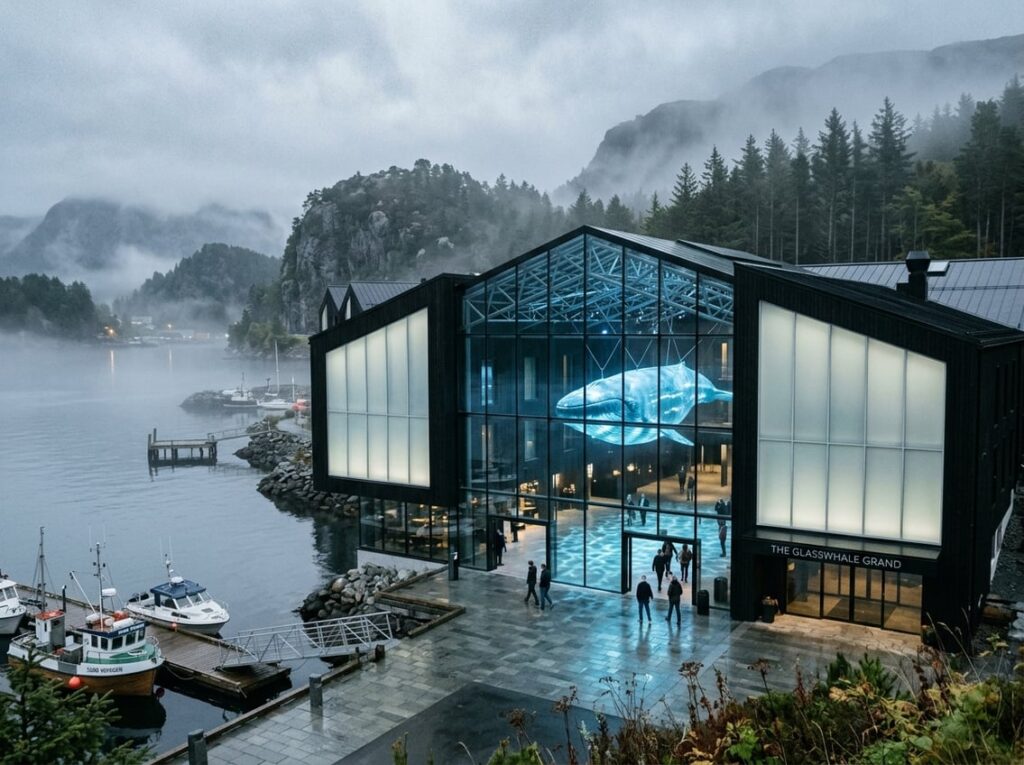 A black timber and frosted glass hotel by a misty northern harbor with a large suspended whale-shaped aquarium glowing above a stone-floored atrium.