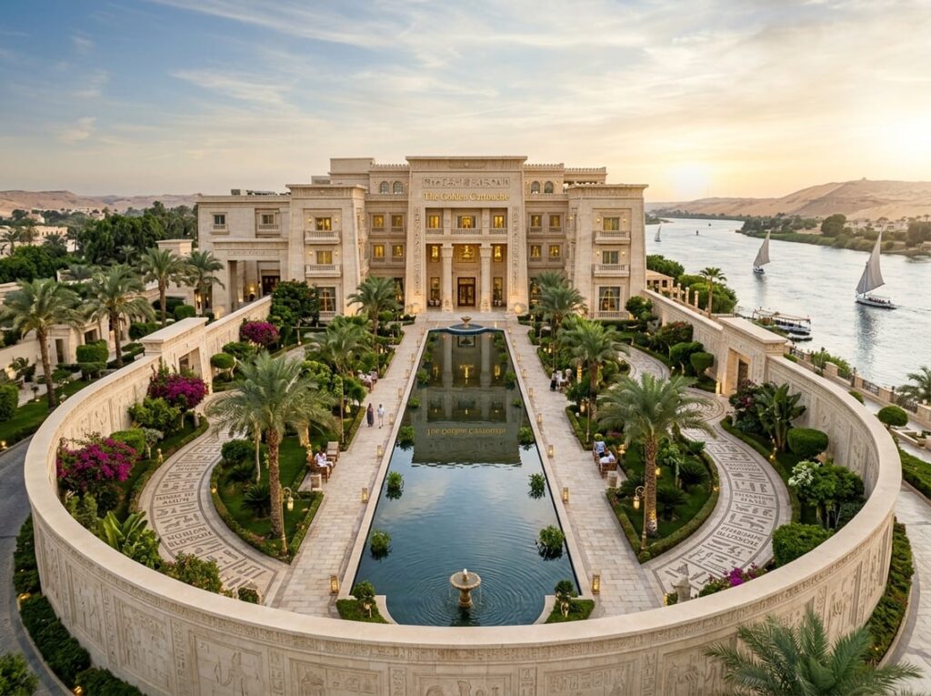 A riverbank palace hotel surrounded by an oval wall with cream stone facades, garden paths with hieroglyphic patterns, and a long reflecting canal running through the center.