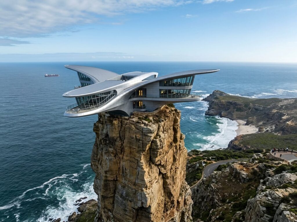 A wing-shaped hotel with silver roofs perched on a tall sandstone sea stack overlooking a vast ocean.