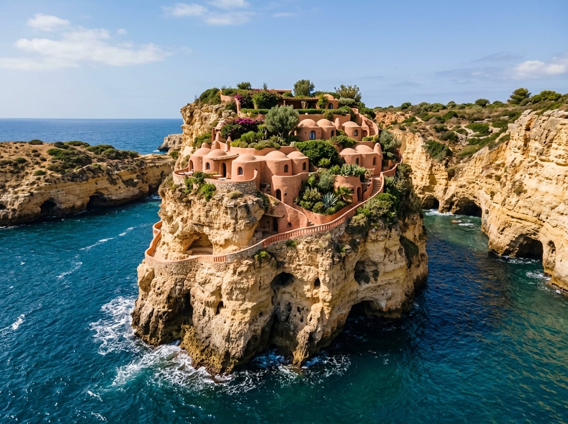 A terracotta hotel built into a honey-colored cliff with rounded rooms, roof gardens, and arched walkways overlooking a blue sea channel with many small sea caves in the rock.