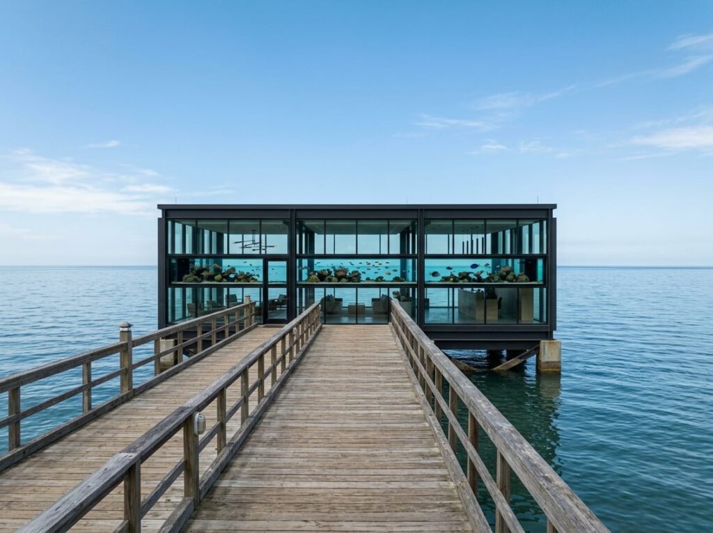 A low glass-walled hotel at the end of a wooden pier over the ocean, featuring a panoramic aquarium dividing the lobby and blending with the horizon where the sea meets the sky.