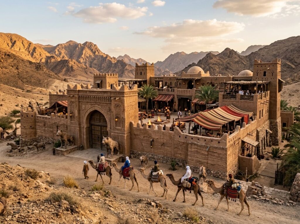 A luxury caravan hotel with mudbrick towers and striped awnings in a desert pass, with travelers arriving on camels and animal sculptures guarding the courtyards.