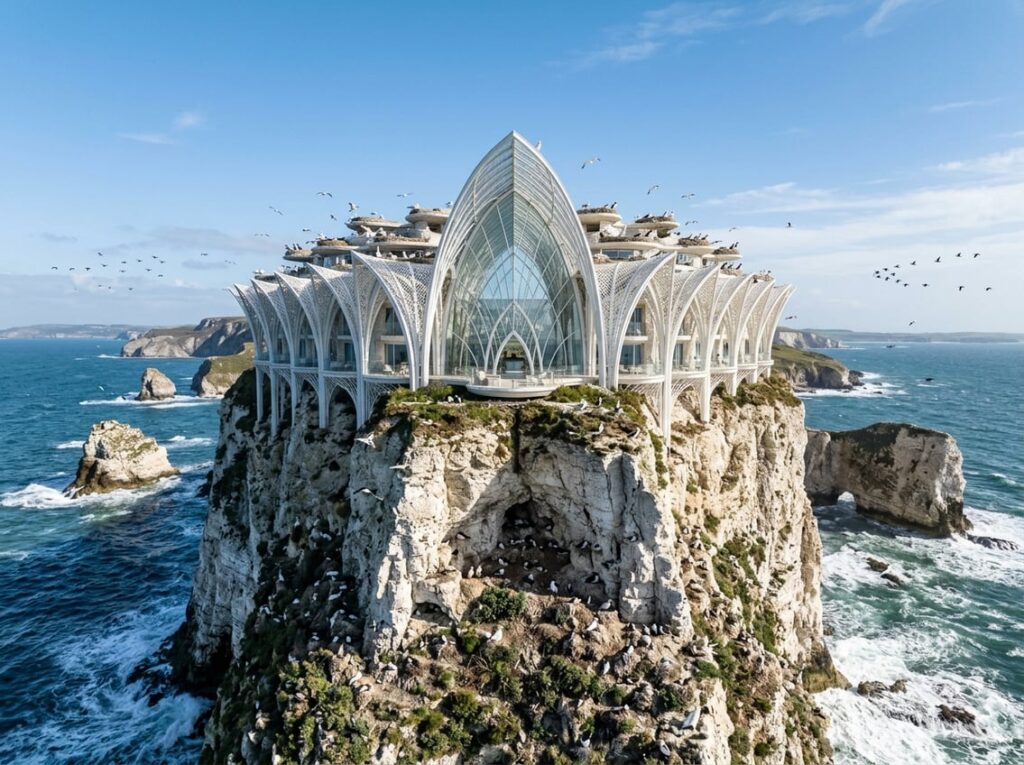 A white hotel with ribbed arches and featherlike screens sits atop a rocky sea stack by the ocean, featuring rooftop platforms and a large open-wing-shaped central atrium surrounded by cliffs.