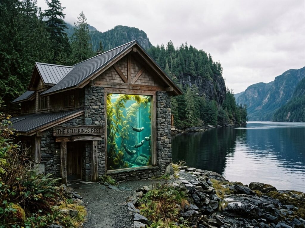A stone and timber retreat beside a Pacific fjord with a large aquarium window showing kelp and sea otters, surrounded by forested cliffs.
