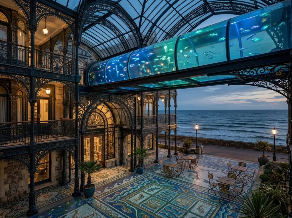 Exterior of a seaside boutique hotel with wrought iron arches, mosaic floors, and a long overhead aquarium tunnel filled with glowing fish above café tables and balconies.