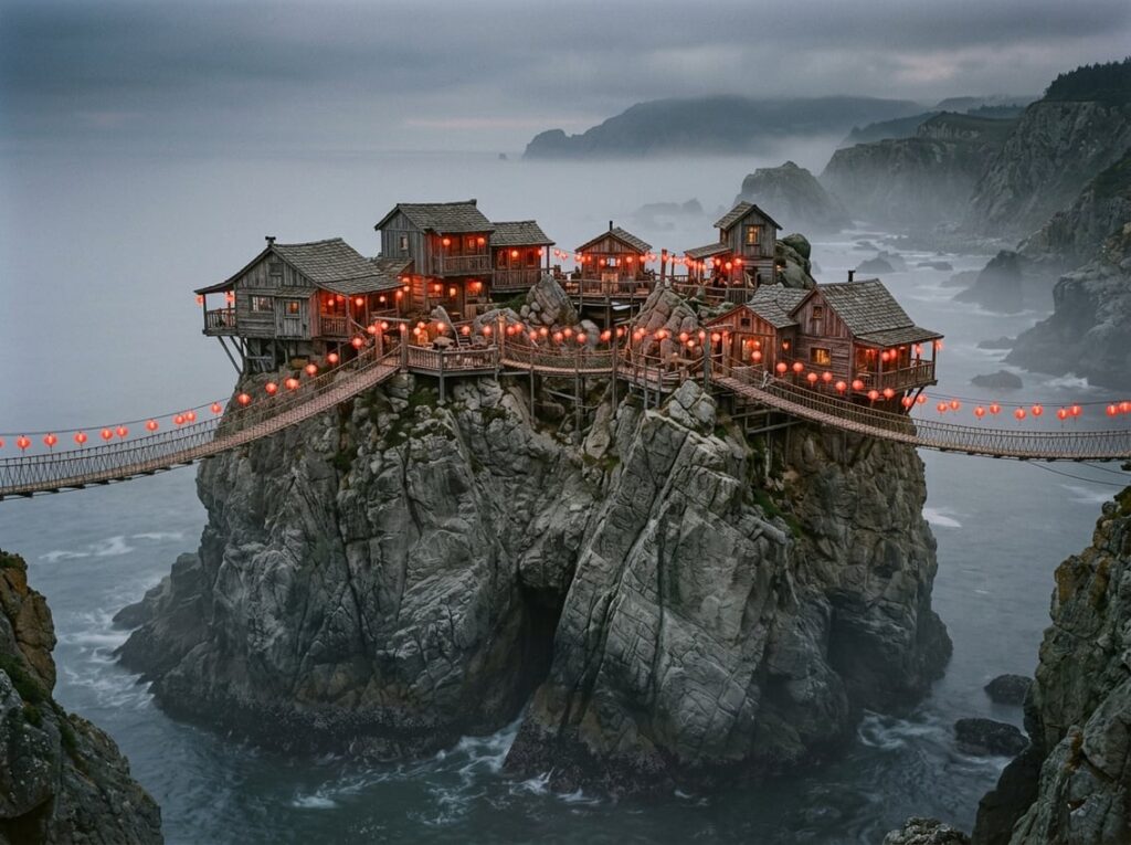 Weathered wooden guesthouses connected by rope bridges on top of a gray sandstone sea stack, with hundreds of red lanterns glowing above a foggy coastal shoreline.