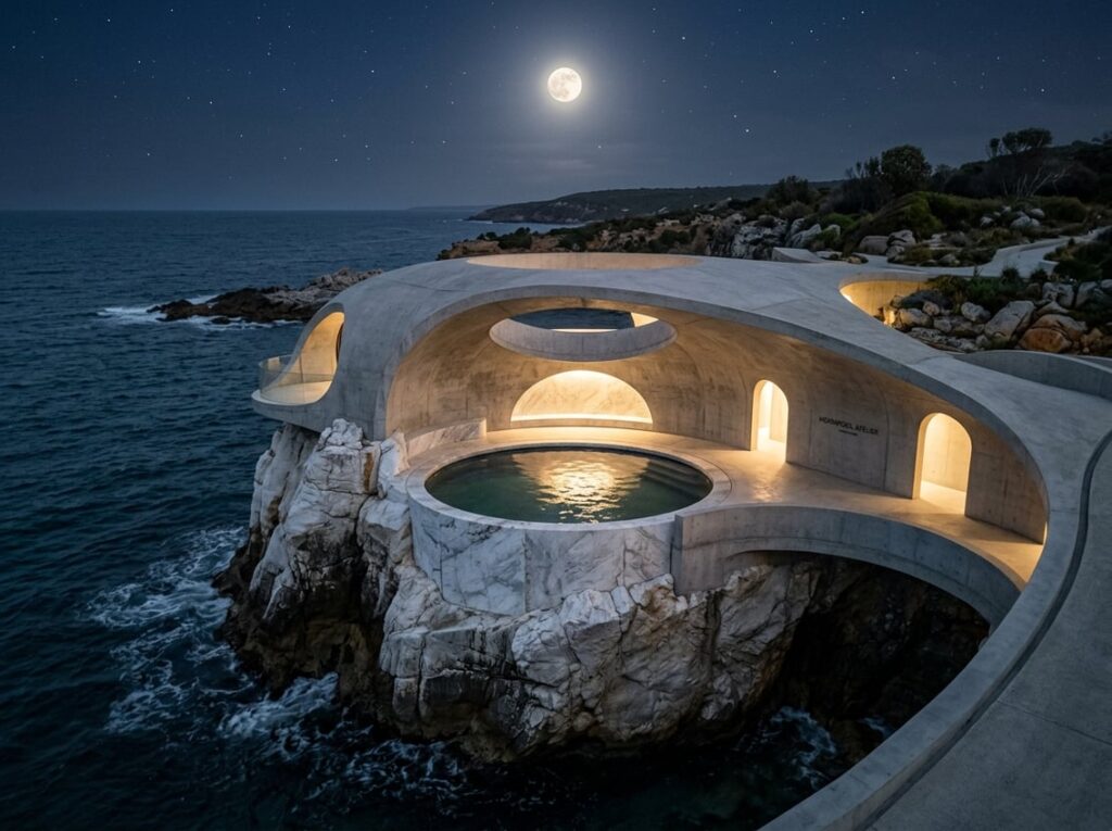 An elegant boutique hotel with smooth concrete curves built around a natural circular pool in a marble sea stack on a rugged coastline under moonlight.