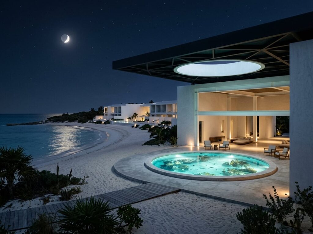 A white minimalist resort on a crescent beach with a large circular indoor aquarium in the lobby floor, open to moonlight through a round opening in the roof.