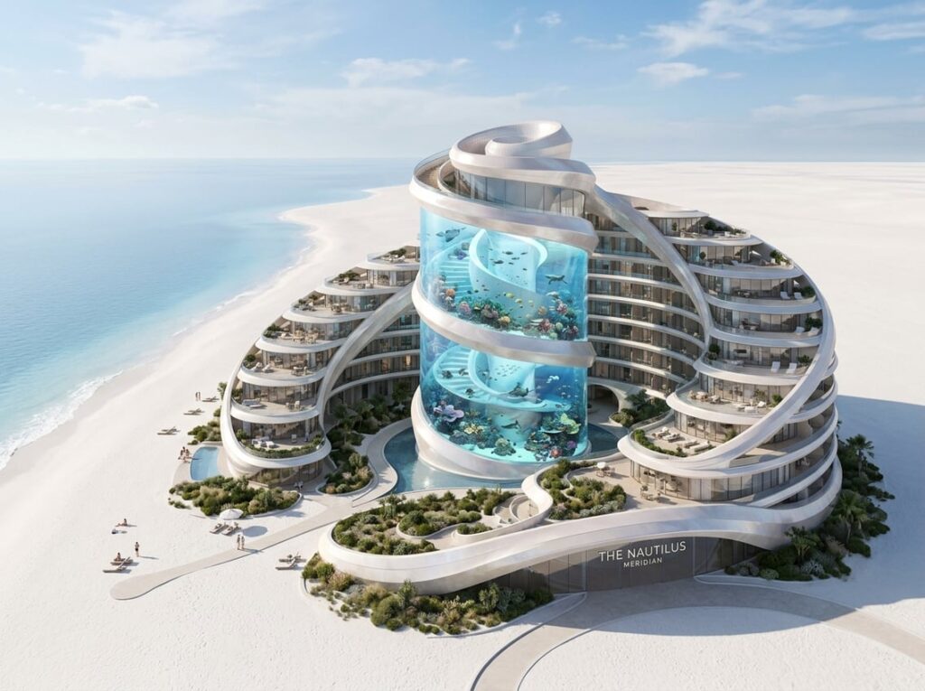 A spiral-shaped hotel on a white desert coast curling around a large nautilus-shell aquarium filled with marine habitats.