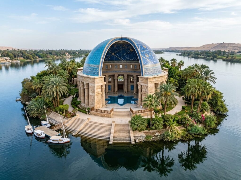 A domed hotel on a quiet river island with a rotating roof opening over a circular lobby and a star-shaped pool reflecting the night sky.