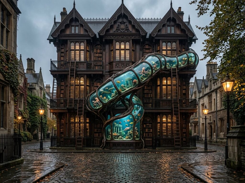 Exterior of a dark wood library-style hotel with tall windows and rolling ladders, featuring a large tentacle-shaped aquarium with marine life, set on a rainy cobblestone street in a university area.
