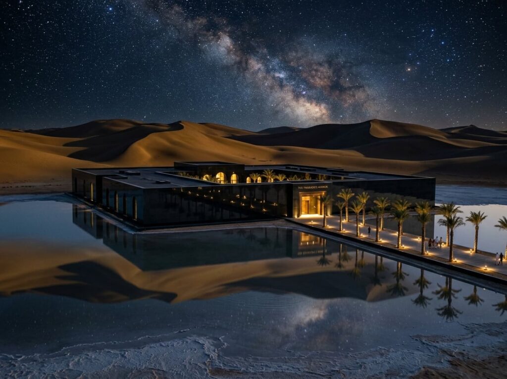 A polished black-stone hotel beside a salt lake in a desert, with reflective walls mirroring sand dunes, stars, and a palm-lined walkway.