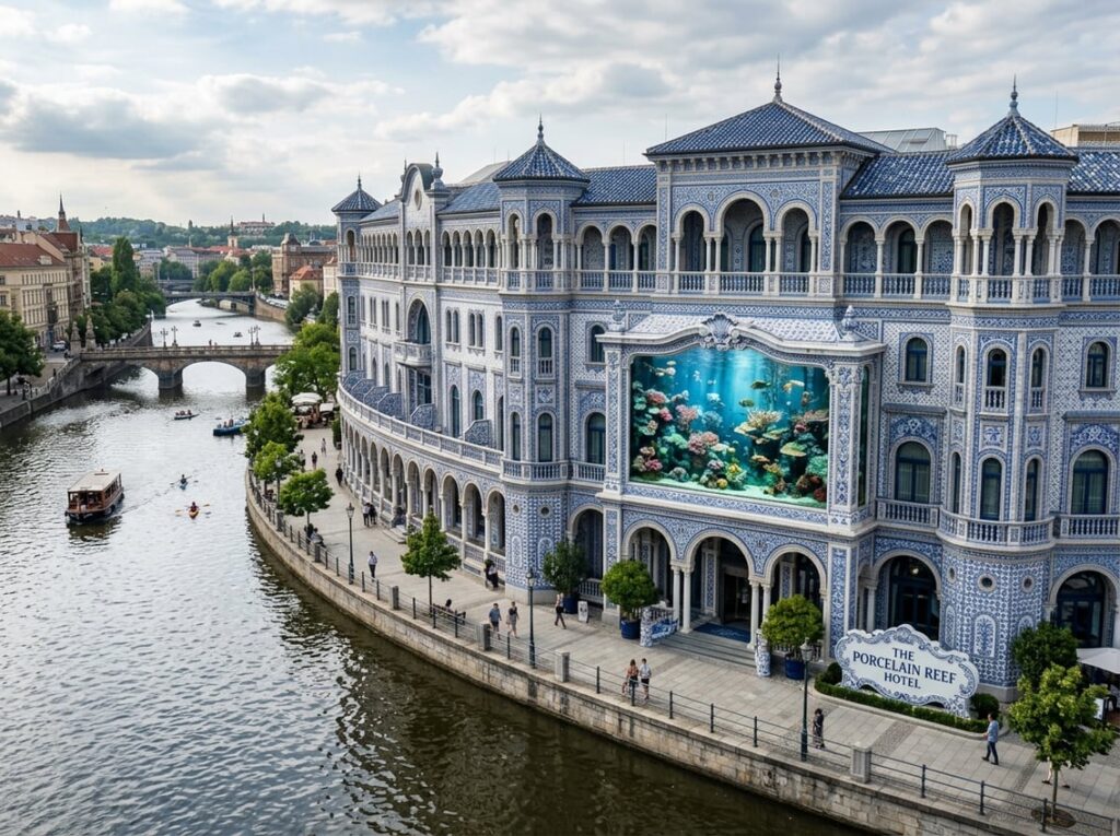 A blue-and-white ceramic hotel by a river with tiled corridors, delicate arches, and a large porcelain-framed aquarium filled with coral formations.