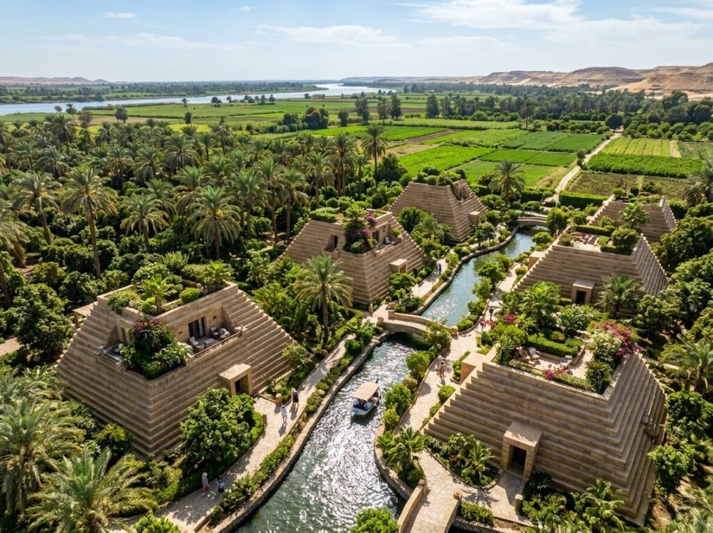 Small stepped pyramids with rooftop gardens surrounded by date palms, fig trees, and irrigation canals in a green floodplain.