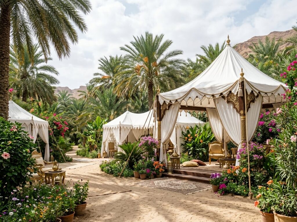 A peaceful palm grove with white linen pavilions and gilded wooden frames near a flowering oasis under fluttering shade canopies.