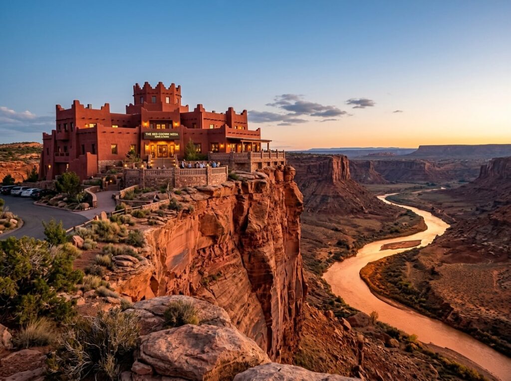 A hotel with stepped red walls and crown-like parapets on top of a red mesa overlooking a dry riverbed glowing copper under the evening sun.