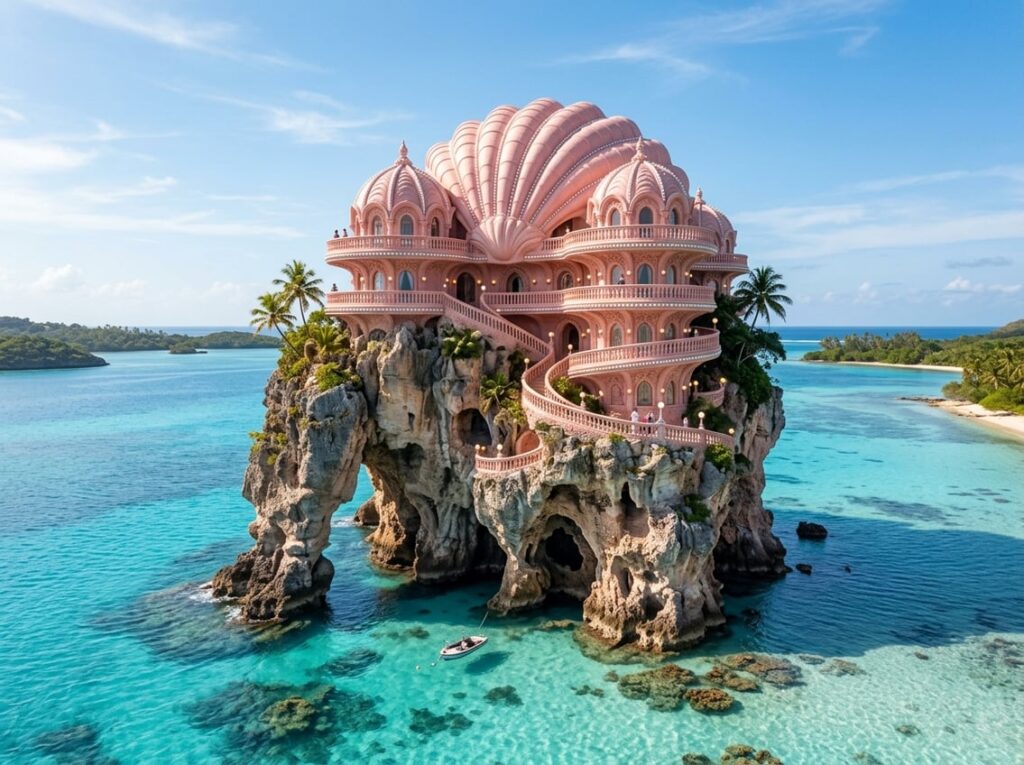 A rose-colored shell-shaped hotel sits atop a coral sea stack surrounded by a shallow tropical lagoon with natural rock arches.