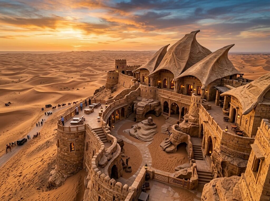 A fortress-like hotel with sail-shaped stone roofs on a high sand dune ridge overlooking vast sand dunes at sunset.