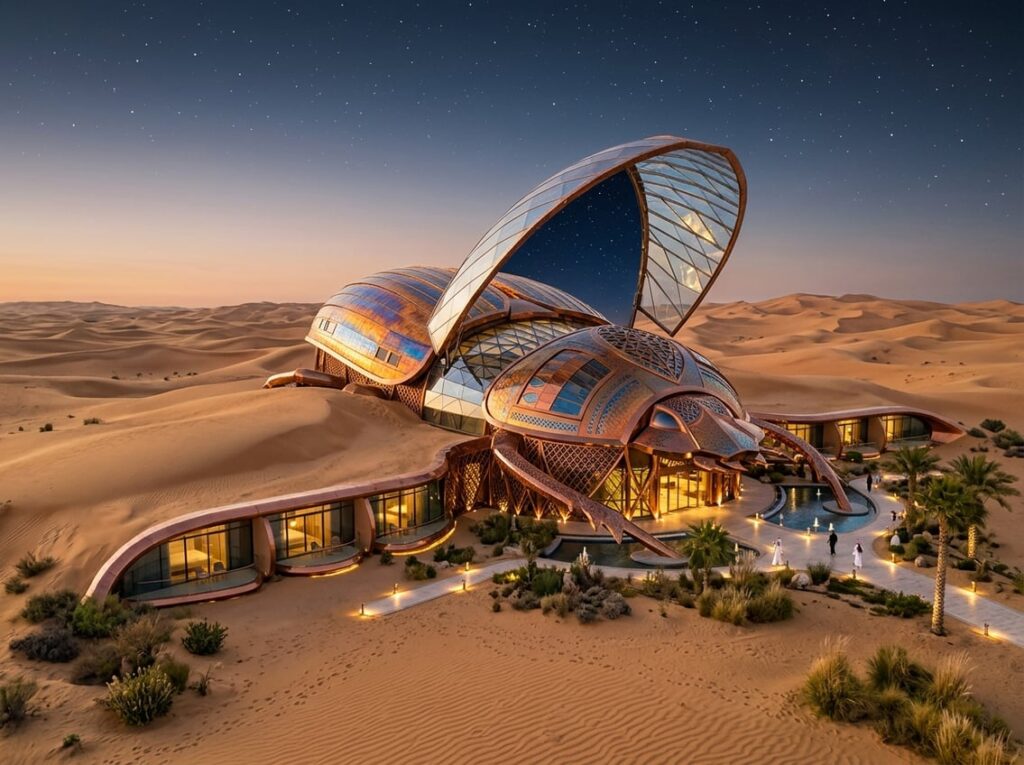 A futuristic desert hotel shaped like a scarab beetle half-buried in sand with copper roofs and a central skylight opening to the stars.