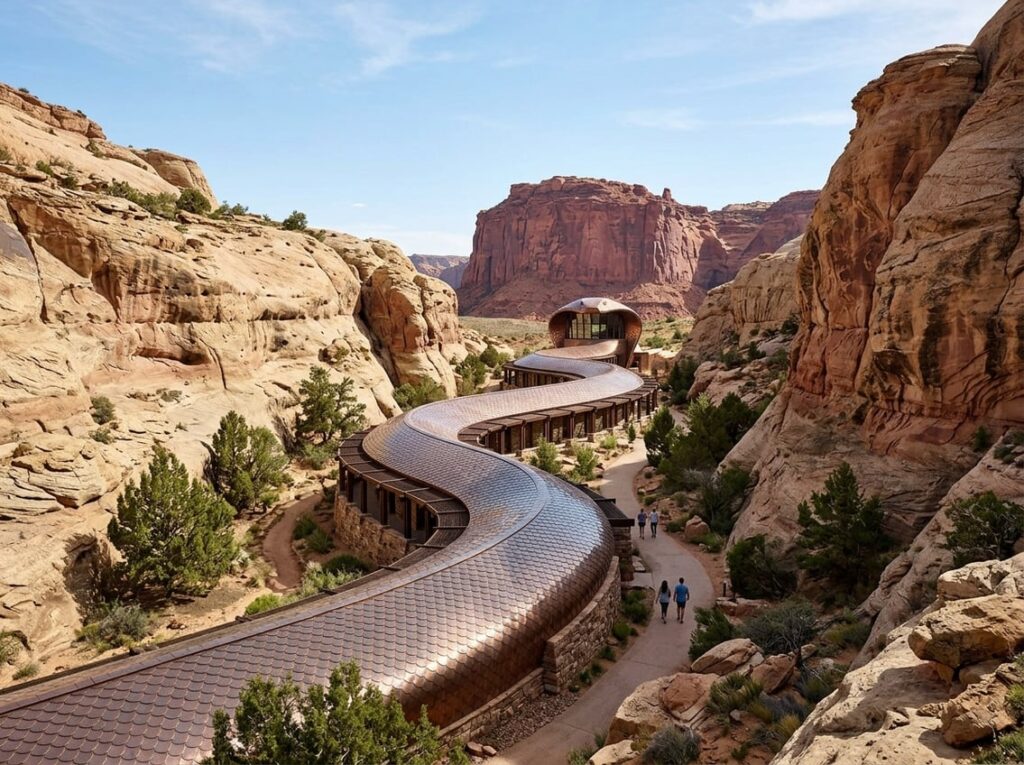 A long hotel shaped like a cobra stretches along the floor of a narrow canyon, with copper-tiled roofs and stone walkways, ending at a red cliff.