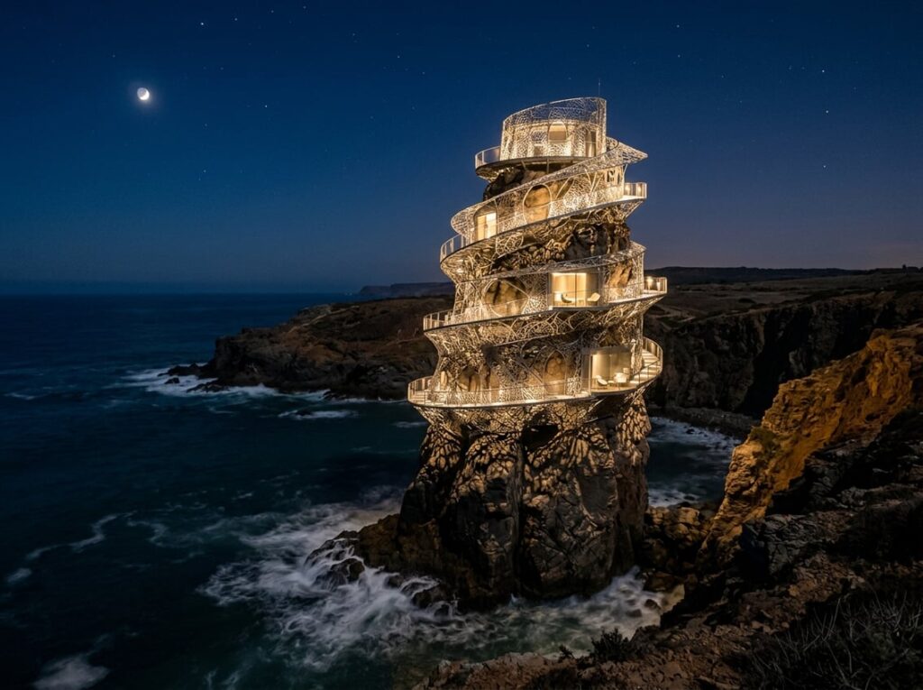 A tall hotel with a delicate metal lattice spiraling around a natural stone sea stack on a dry ocher coastline, glowing softly at night above dark ocean waves.
