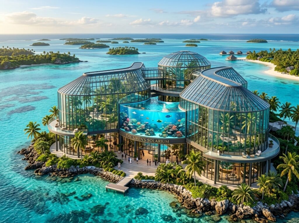 A glasshouse hotel with botanical wings and a large tropical aquarium, located by a turquoise sea with small islands and palm trees nearby.