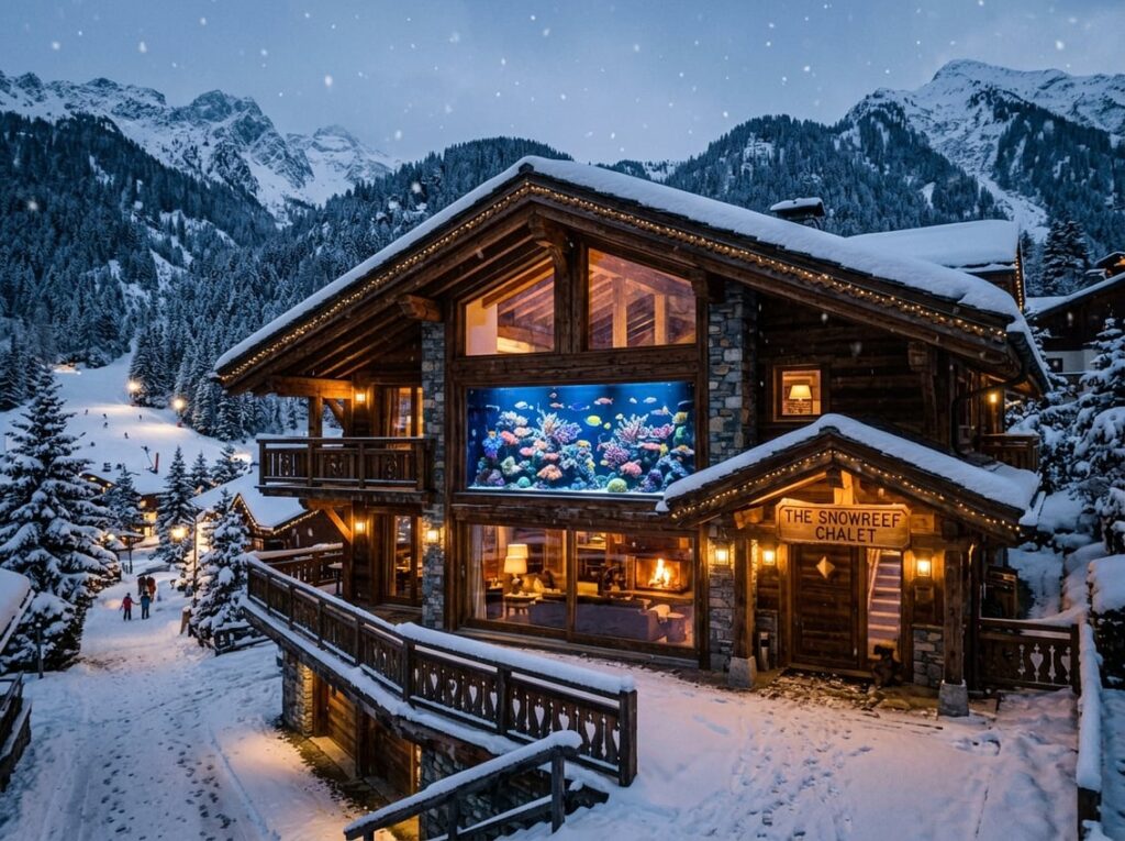 A wooden alpine chalet in a snowy mountain village with large windows showing a glowing reef aquarium filled with colorful fish and corals, surrounded by snow-covered trees and falling snow.