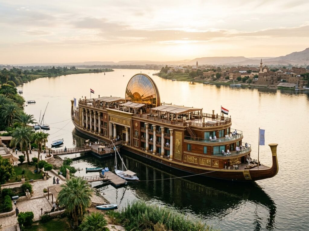 A large ceremonial riverboat hotel moored on a calm bend of the Nile River with wooden decks, lotus-shaped columns, and a bright sun disk atrium illuminated by morning light.