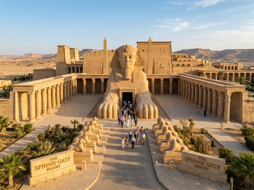 The entrance to a desert hotel shaped like a colossal sleeping sphinx, with sand-colored courtyards, shaded columns, and a pathway lined with ram statues.