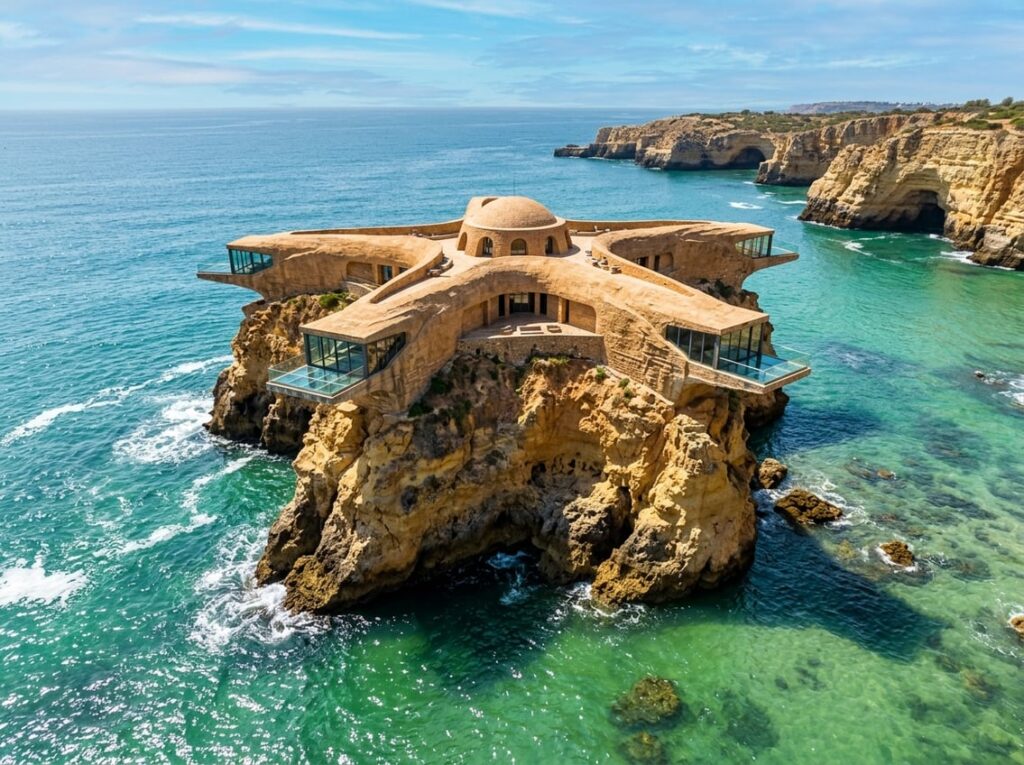 A five-armed sandstone hotel shaped like a starfish sits atop a broad ocher sea stack surrounded by a shallow emerald bay, with glass-bottom lounges extending over the rocky spurs.