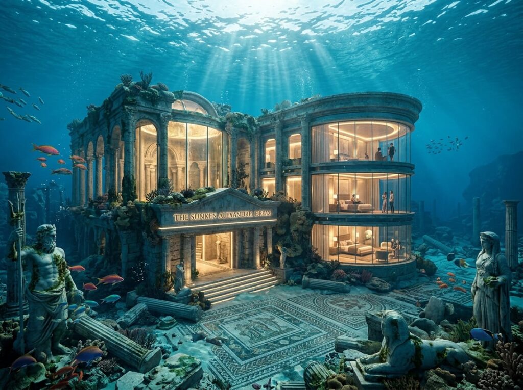 Underwater glass hotel with ancient columns, mosaic floors, statues, fish swimming, and sunlight filtering through the water.