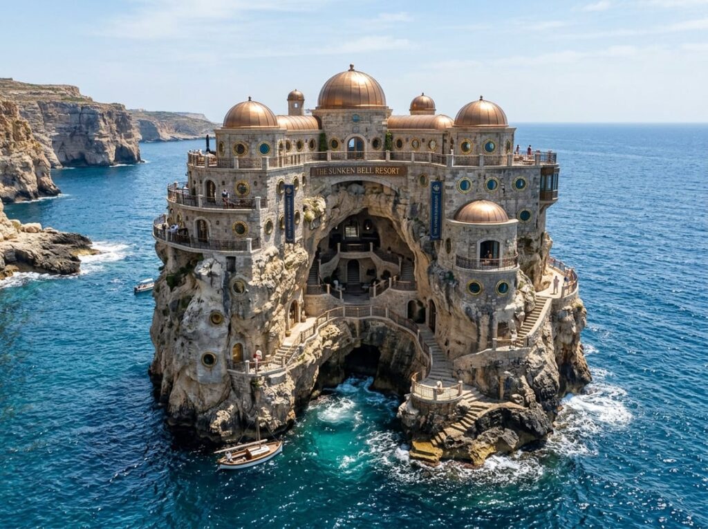A hotel built into a limestone sea stack by the ocean, featuring bronze domes and round porthole windows, with a central opening descending into a sea cave.