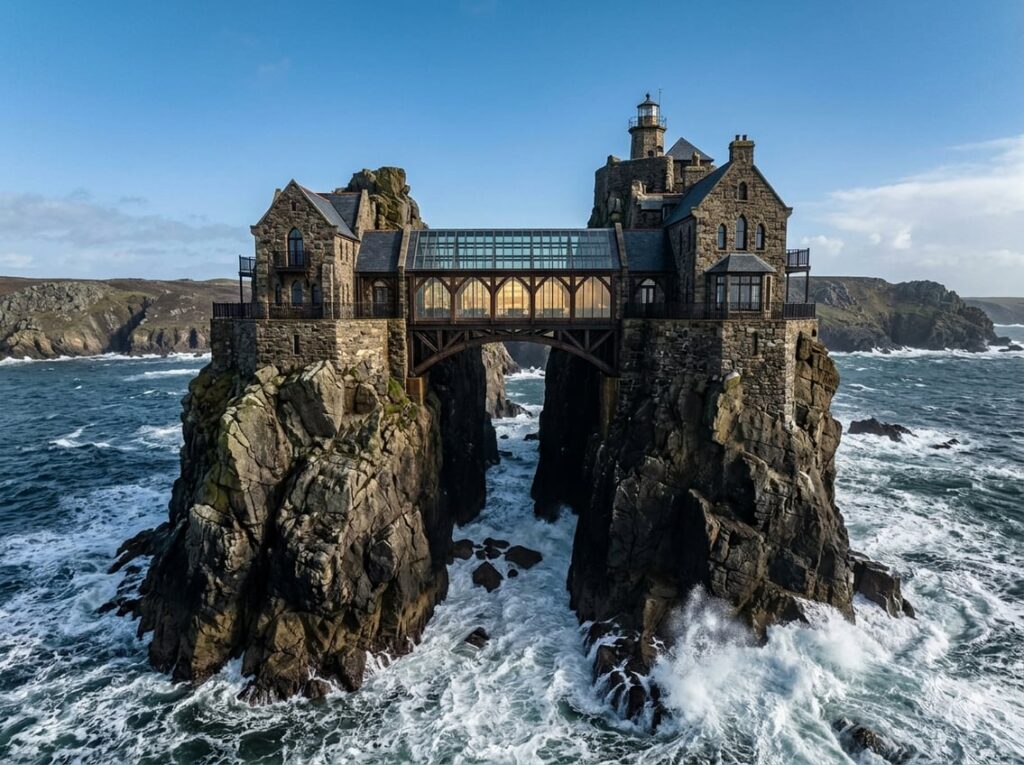A stone and iron hotel spanning the split summit of a tall sea stack with a glass-floored hall bridging a deep chasm where ocean waves crash below.