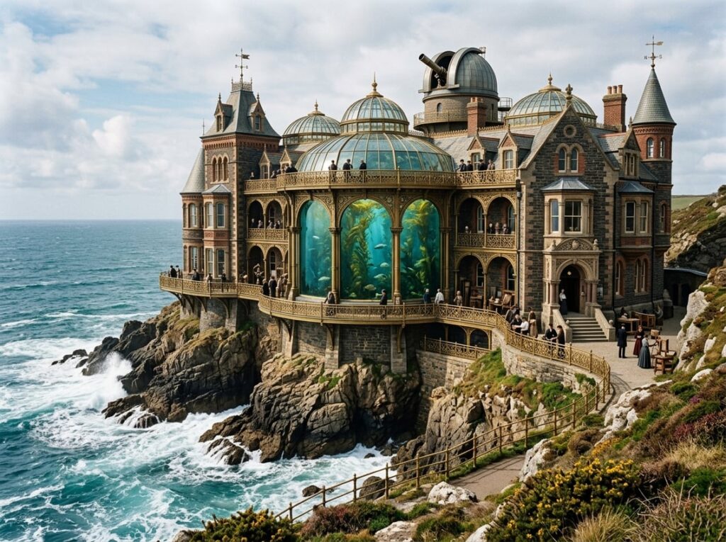 A Victorian-style building with brass railings and domed skylights sits on a rocky Atlantic coastline, featuring a large circular aquarium filled with kelp at its center.