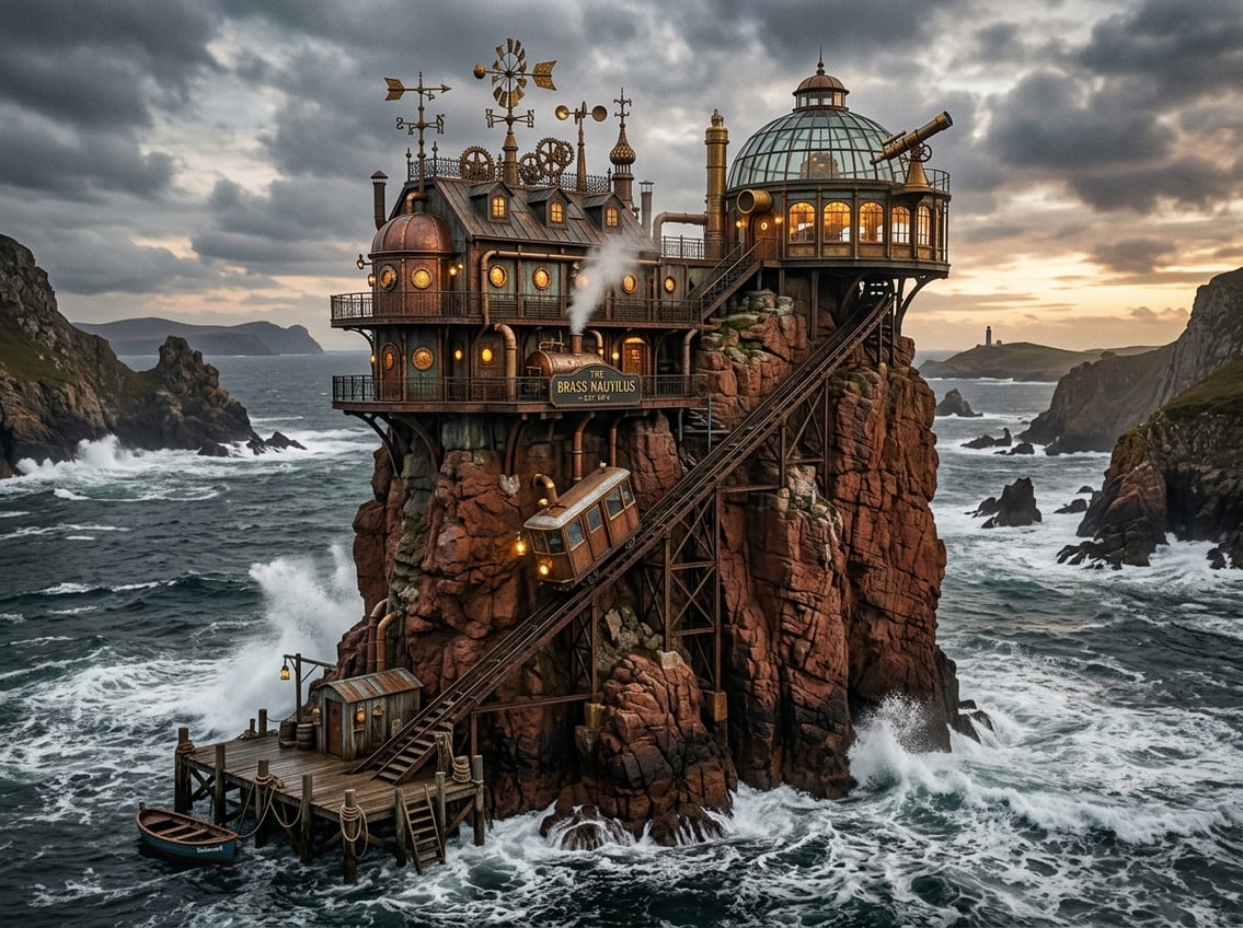 A steampunk hotel with brass portholes and wind vanes sits on a rust-red sea stack above the ocean, with a funicular railway climbing from a rocky landing to a rooftop observatory.