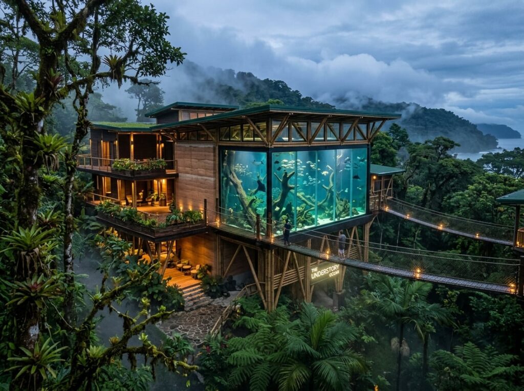 Exterior view of a bamboo and rammed earth hotel in a coastal cloud forest with a large indoor aquarium at canopy height and rope bridges among trees.