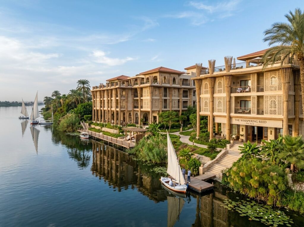 A quiet riverside hotel with slender columns and limestone screens beside calm water surrounded by greenery.